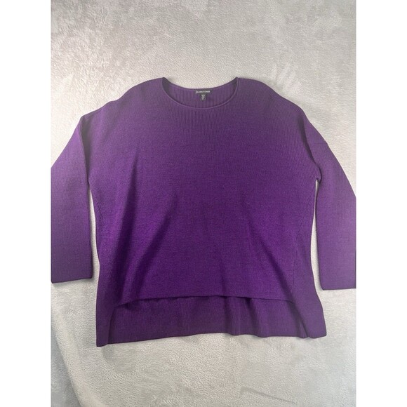 Eileen Fisher Size S Plum 100% Italian Merino Wool Sweater Boxy Oversized Slits - Picture 1 of 8